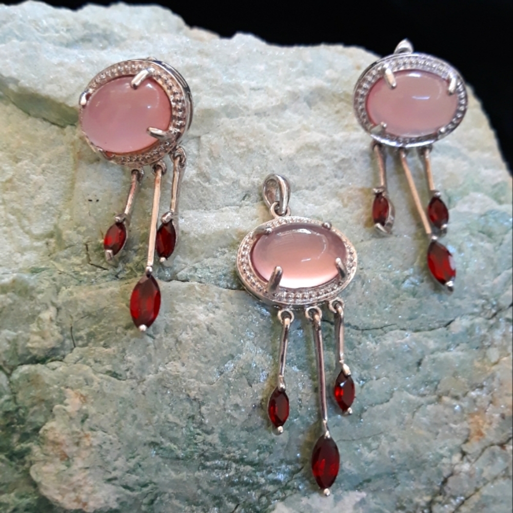 Pink Chalcedony and Garnet Sterling Silver Set